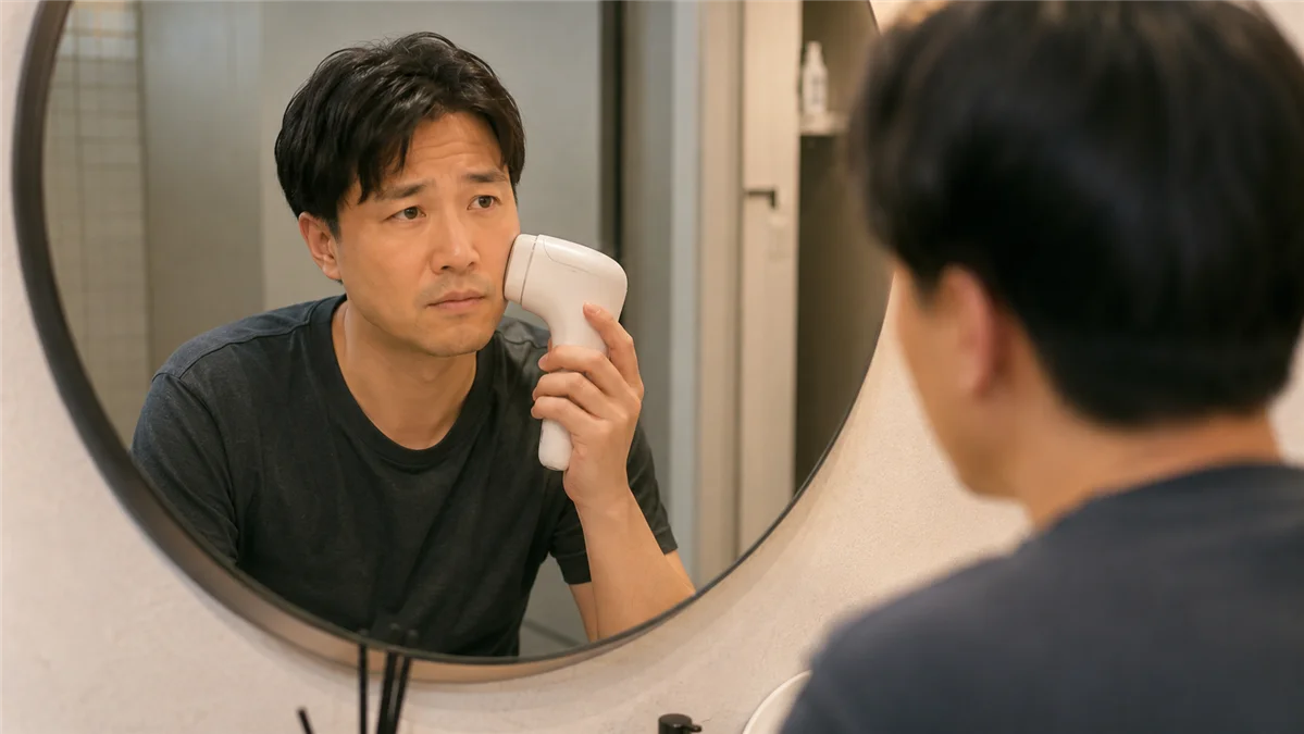鏡の前で脱毛器を頬に近づけ迷っている男性