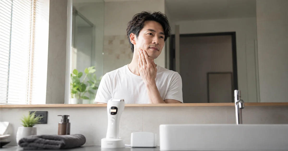 鏡の前でヒゲと脱毛器を見比べる男性