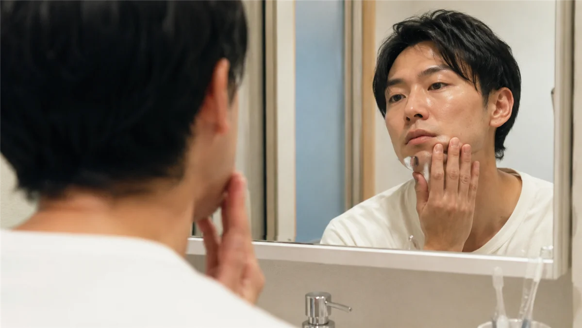 鏡の前で顔周りを確認している男性