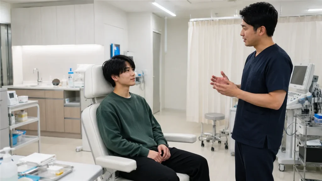 クリニックの施術チェアで説明を受ける男子大学生