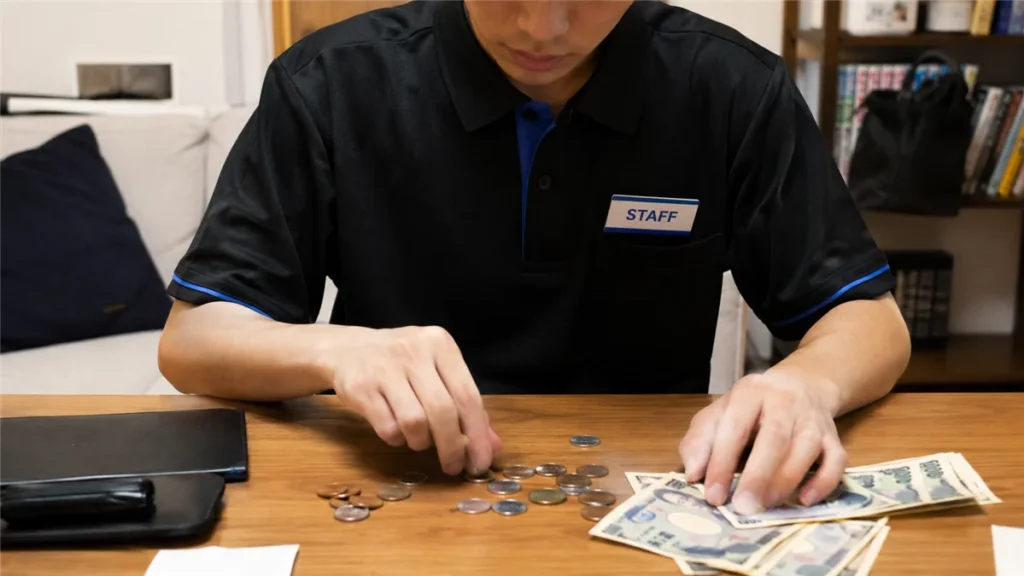 バイト代のお金を確認する男子大学生の手元