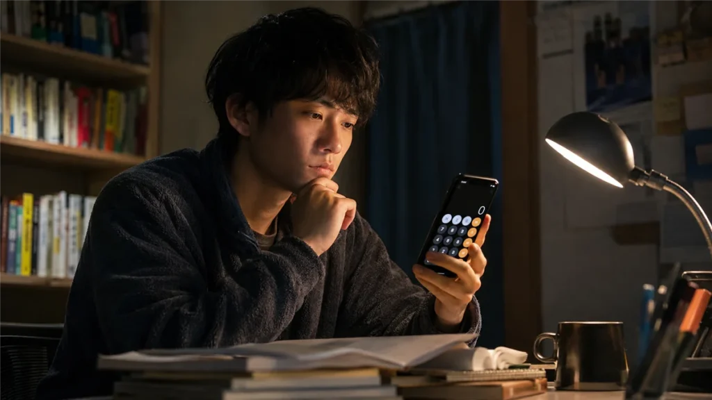 スマホの計算機で支払いを検討する男子大学生
