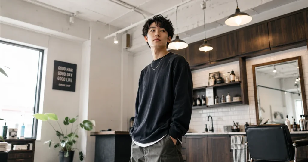 落ち着いた表情で身だしなみを整える男子大学生