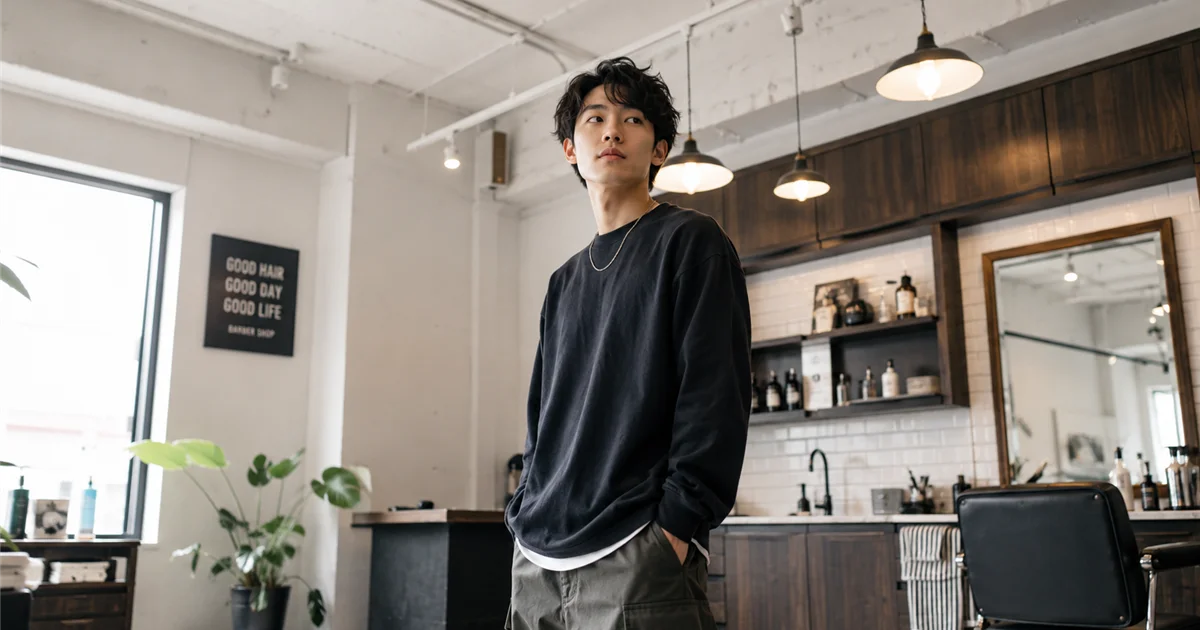 落ち着いた表情で身だしなみを整える男子大学生