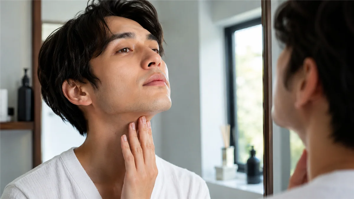 ヒゲ脱毛後の肌触りを確認する男性