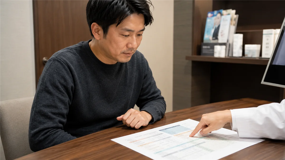 クリニックで料金プランを確認する男性