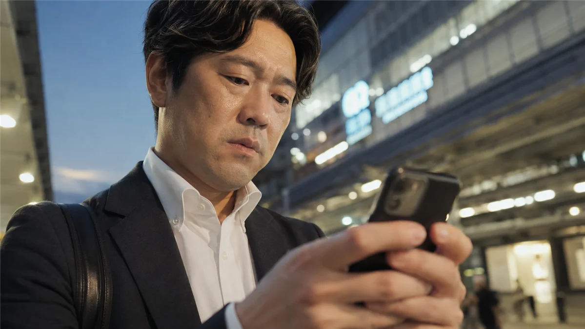 外出先で予約アプリを確認する男性