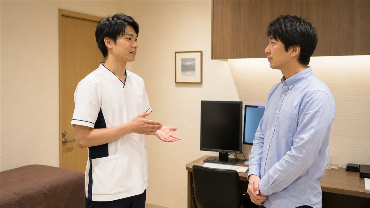 男性看護師がカウンセリングで説明する様子