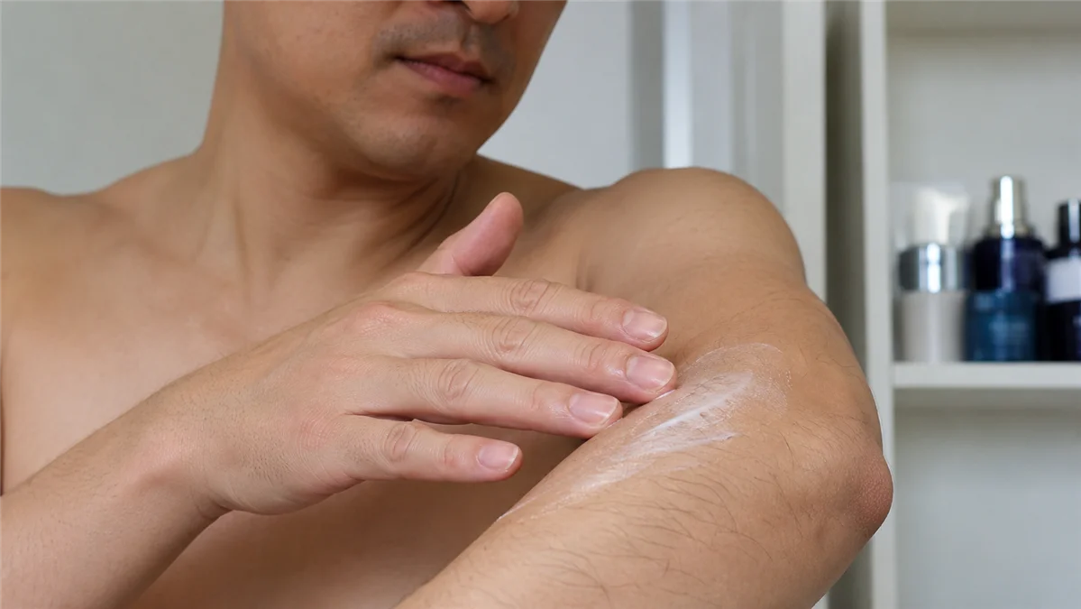 保湿クリームを肌に塗る男性の手元