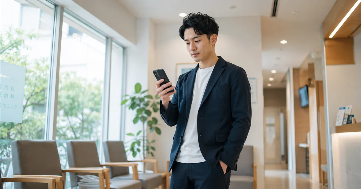 スマートフォンでゴリラクリニックの口コミを調べる男性