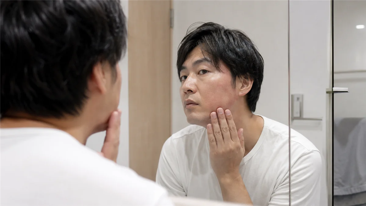 施術後に頬と顎へ保湿ケアをする男性
