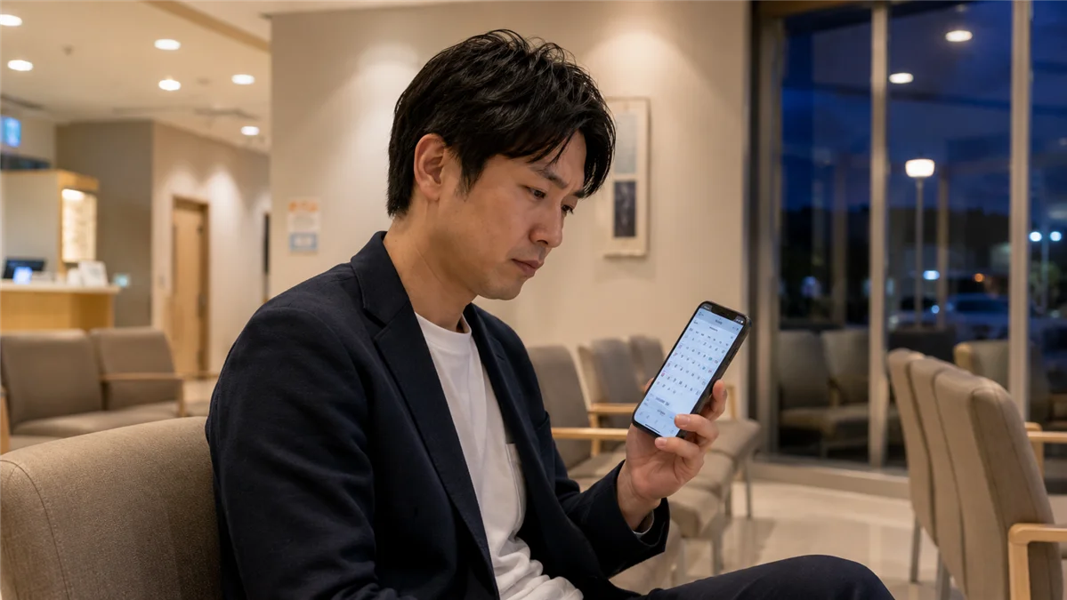 待合室でスマートフォンの予約カレンダーを確認する男性