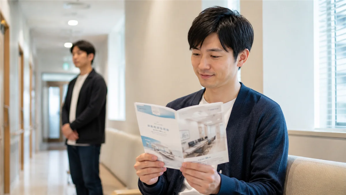 クリニックの案内資料を読んで納得した様子の男性
