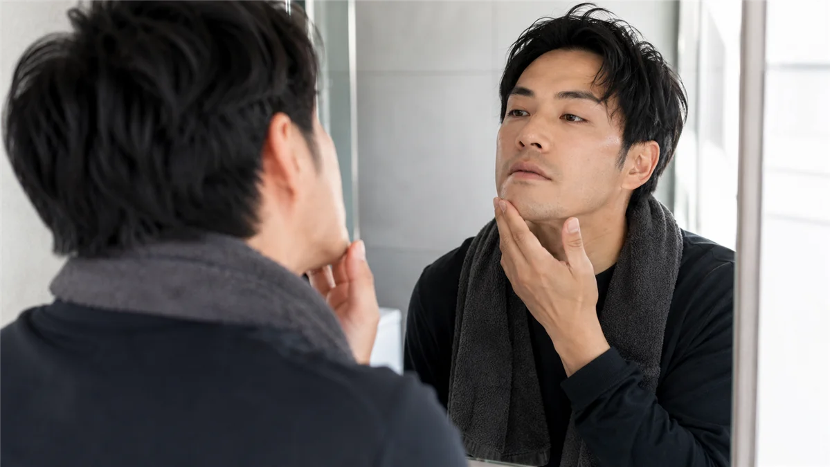 髭を剃った後の滑らかな肌を鏡で確認する男性