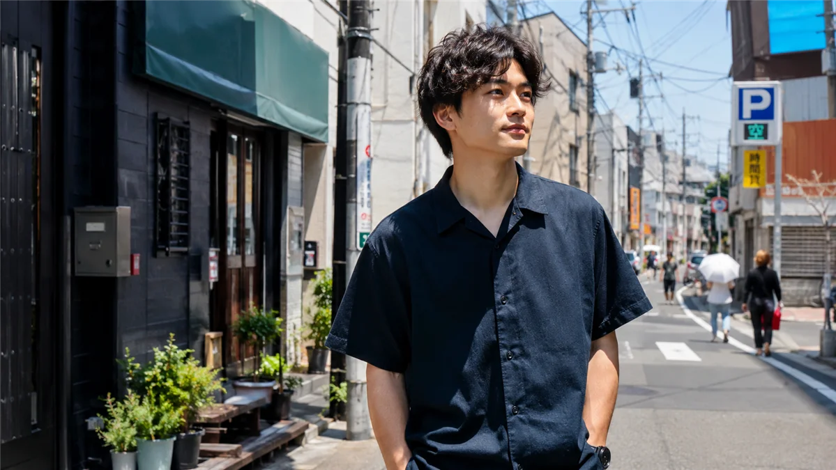 半袖を着て屋外を歩く男性