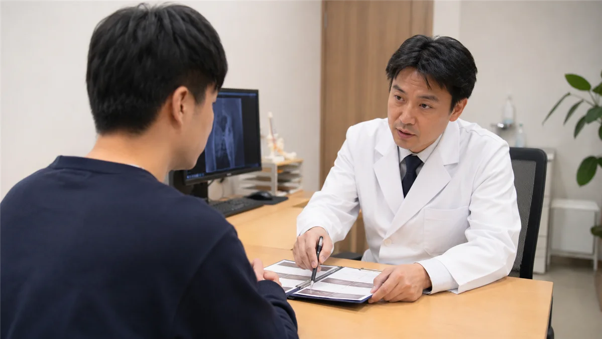 医師が男性患者に治療プランを説明しているクリニックのカウンセリング風景
