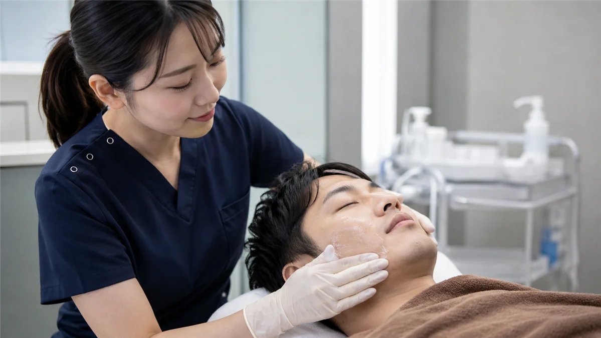 施術後のアフターケアジェルを肌に塗布する看護師と男性患者