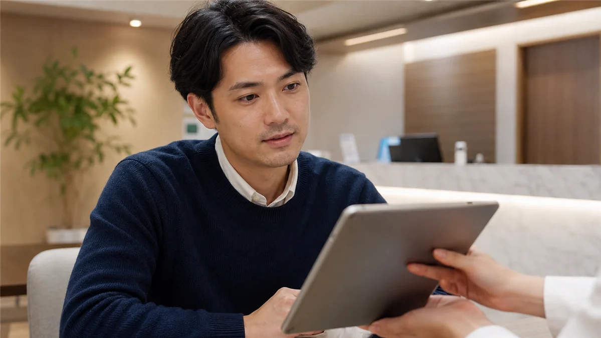 クリニックで料金カウンセリングを受ける男性