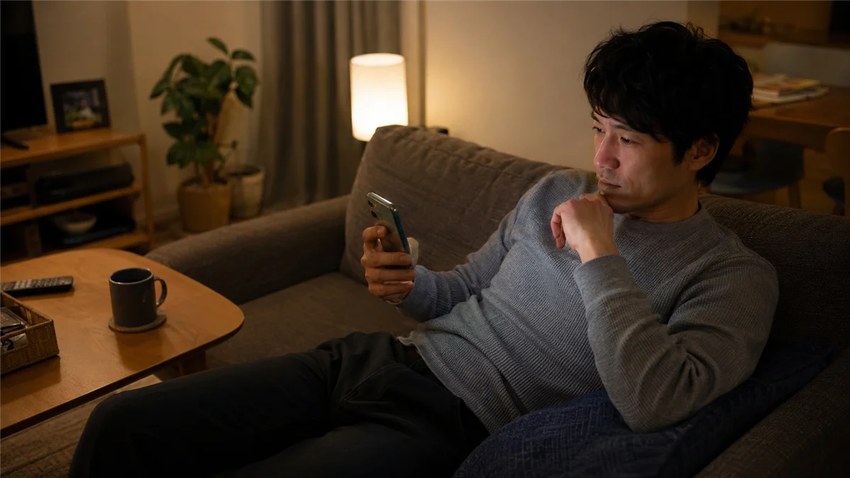 自宅で口コミを確認する男性